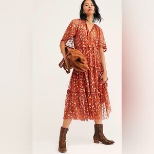 Free People Burnt Orange Floral Tiered Midi Dress